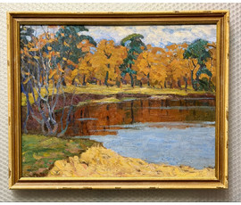 Жолток В.К "Осенний пруд", 1982г. Картон, масло. Размер с рамой 44,5х55 см. № 3791