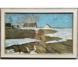 Кравцов В.П "Деревенская окраина",1967г. Картон, масло. Размер 40х68 см. № 2517