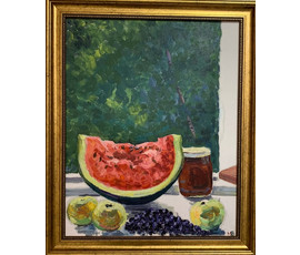 Михеева В.Н. "Арбуз и мёд",1979г. Картон, масло. Размер 50х40,5 см. № 2469