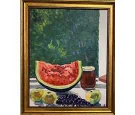 Михеева В.Н. "Арбуз и мёд",1979г. Картон, масло. Размер 50х40,5 см. № 2469