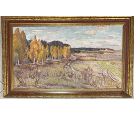 Фото: Катков С.П "Дорога,уходящая в осень", 1967г. Холст, масло. Размер 53х94 см., с рамой 68х109 см. № 3459 - Артикул №3459