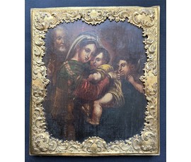 «Святое семейство» Западнорусская иконопись. Религиозная живопись Российской империи. Конец 18 начало 19 века. Королевский аналой .Размер 30х35см. Дерево,масло, басма. № 3852