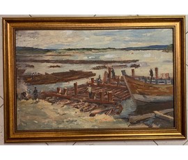 Дорошевич Ф.И. "Сплав леса" Урал. Холст, масло, картон. Размер 40х63 см. без рамы. № 2592