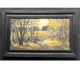 Цудик Н.М "Вечар у Бараўлянах", 1991г. ДВП, масло. Размер с родной рамой 28,5х46 см. № 3877