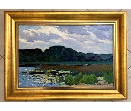 Маслеников П.В "Острошицкое озеро", 1973г. ДВП, масло. Размер 75х55 см. № 3235