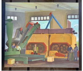 Комиссаров А.А "Наладка оборудования кормоцеха КЦП 6000", 1985г. Оргалит, темпера. Размер 80х90 см. № 3806