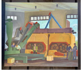 Комиссаров А.А "Наладка оборудования кормоцеха КЦП 6000", 1985г. Оргалит, темпера. Размер 80х90 см. № 3806