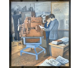 Корегина Е.Д "Учёба.Кабинет механизации", 1985г. Оргалит, темпера. Размер 90х80 см. № 3807