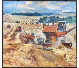 Фото: Сояшников Г.А "Комбайн на степной Ниве", 1985г. Оргалит, темпера. Размер 80х90 см. № 3810 - Артикул №3810