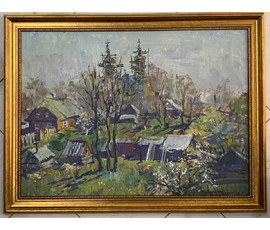 Фото: Хмелевский В.В. - "Деревня", 1989г. ДВП, масло. Размер 49х66см. - Артикул №408