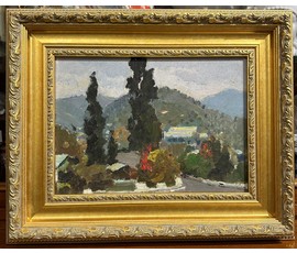 Маслеников П.В " На окраине Сочи", 1982г. Картон, масло. Размер 35,х26.5 см. С рамой 47,5х38,5 см. № 3221