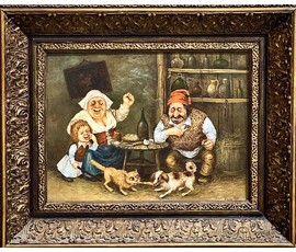 Почицкий В.В (dr. Klein). "Невинные забавы в театре простых страстей" или "Кость раздора". 1997 год. Холст, масло. Размер 47х58 см. № 3590