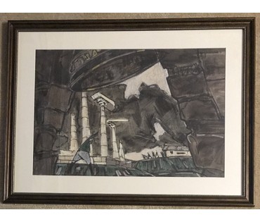 Кубарев В.Г. “Бегство белых”, 1963-1964 гг. Бумага, гуашь, тушь, перо. Размер 57,5х76,5 см. с рамой и паспарту. (артикул №891) - фото №1