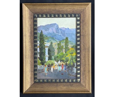 Маслеников П.В. “Крым”, 1977 г. Картон, масло. Размер 20х31 см. с рамой 34х45см. (артикул №1001) - фото №1
