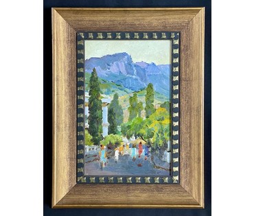 Маслеников П.В. “Крым”, 1977 г. Картон, масло. Размер 20х31 см. с рамой 34х45см. (артикул №1001) - фото №2