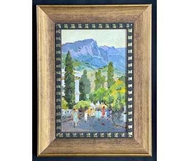 Маслеников П.В. “Крым”, 1977 г. Картон, масло. Размер 20х31 см. с рамой 34х45см. (артикул №1001) - фото №3
