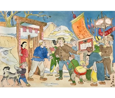 Китайская акварель «Вручение фонарика крестьянской семье...», сер. ХХ в. (артикул №1063) - фото №1
