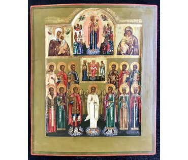 Страстная Пресвятая Богородица, Всем скорбящим Радость, Фёдоровская Богородица и Софья - Премудрость Божья с избранными Святыми. Размеры: 31х26 см. Мстёра, Россия, XIX в. (артикул №209) - фото №3