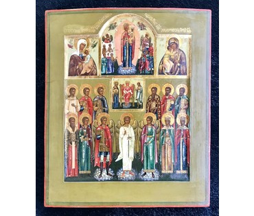 Страстная Пресвятая Богородица, Всем скорбящим Радость, Фёдоровская Богородица и Софья - Премудрость Божья с избранными Святыми. Размеры: 31х26 см. Мстёра, Россия, XIX в. (артикул №209) - фото №5