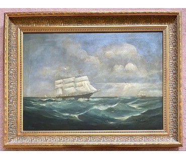 "Парусники в море",1907г. Холст, масло. Подпись автора. Размер с учётом родной рамы 105х80 см. № 1 (артикул №1) - фото №1