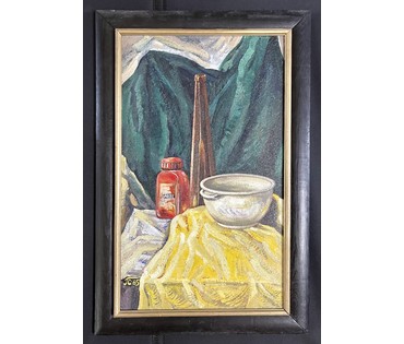 Скрипниченко Г.С. - художник-сюрреалист, "белорусский Дали". "Натюрморт" (с красной бутылкой) 1966г. ДВП, масло. Размер 61,5х37 см. (артикул №1249) - фото №1