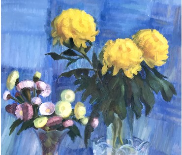 Явич П.М. (ученик Пэна Ю.М.) "Хризантемы", 1999 год. Холст, масло. Размер 66,5х60 см. (артикул №1391) - фото №3