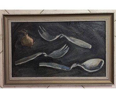 Шарков В.В. "Вилки и ложка" 1987г. ДВП, масло. Размер 57х37,5 см. (артикул №1450) - фото №1