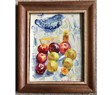 Михеева В.Н. Натюрморт с яблоками "Олимпиада 80", 1983 год; х/м; 50/37,5 см (артикул №1510) - фото №1