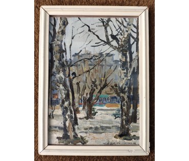 Михеева В.Н. "Улица Кирова. Минск", 1975г. Холст, масло. Размер с рамой 21,5х29,5 см. (артикул №1512) - фото №1