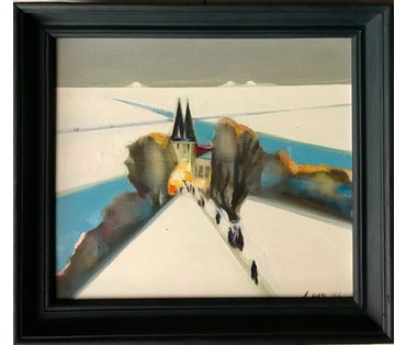 Щемелев Л.Д. Пейзаж с церковью, 1991 год; 50/45 см с родной рамой. Народный художник БССР НЕТ В НАЛИЧИИ (артикул №1833) - фото №1