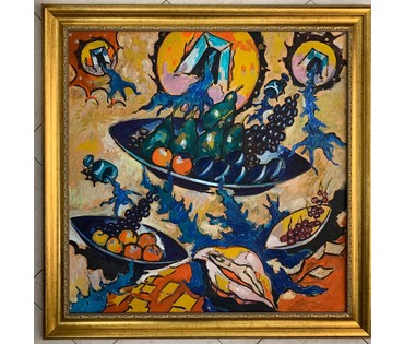 Кищенко А.М. Каталожная работа "Натюрморт в пространстве", размер 120х120 см., а её авторский вариант, находящийся у нас в галерее размер 97,5х97,5 см. ДВП, масло. (артикул №1828) - фото №2