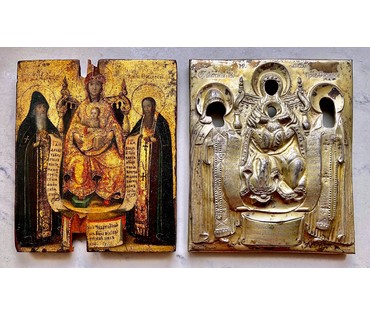 Свенская (Печерская) Богородица. 18 век. Палех, размер 12х14 см. Размер в киоте 15.5х17,7 см. (артикул № 2108) - фото №1