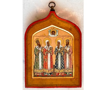 Собор Святых: Иоан, Пётр, Алексий, Филипп. 19 век, Палех. Размер 13х9,5 см. № 2109 (артикул № 2109) - фото №1