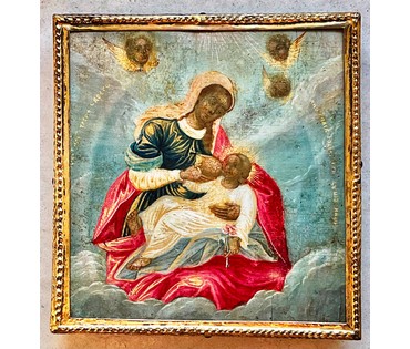 Млекопитательница,икона Пресвятой Богородицы, 18 век, Кострома. Размер 9х9 см. (артикул № 2113) - фото №1