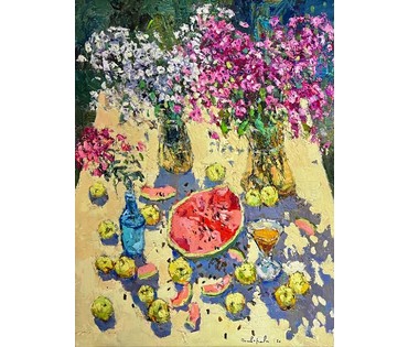 Потворова Т.В "Флоксы, яблоки, арбуз", 2021г. Холст,масло. Размер 80х60 см. № 2203 (артикул №2203) - фото №2