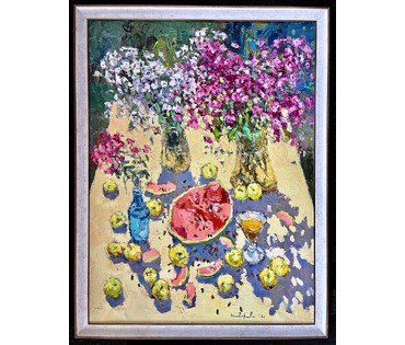 Потворова Т.В "Флоксы, яблоки, арбуз", 2021г. Холст,масло. Размер 80х60 см. № 2203 (артикул №2203) - фото №1