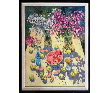 Потворова Т.В "Флоксы, яблоки, арбуз", 2021г. Холст,масло. Размер 80х60 см. № 2203 (артикул №2203) - фото №3