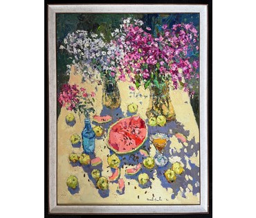 Потворова Т.В "Флоксы, яблоки, арбуз", 2021г. Холст,масло. Размер 80х60 см. № 2203 (артикул №2203) - фото №4