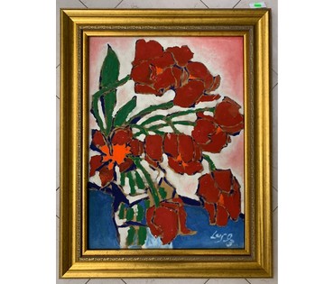 Луцевич З.О "Красные тюльпаны", ДВП, масло, 1993г. Размер 60х80 см. № 2213 (артикул №2213) - фото №1