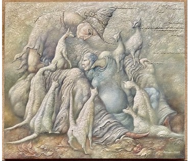 Петрань В. "Проявление терпимости по отношению к белым котам", 2002г. Холст, масло. Размер 100х116 см. № 2221 (артикул №2221) - фото №1