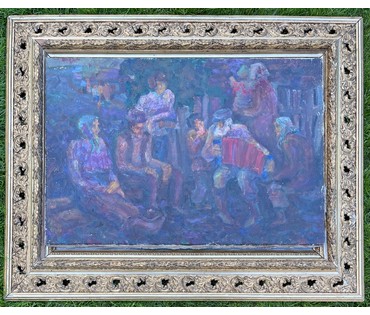 Н/Х, "Деревенские посиделки", середина 20 века. Холст, масло. Размер 60х40см. № 2322 (артикул №2321) - фото №2