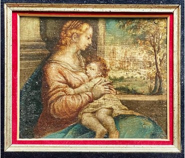 Живопись на медной пластине "Млекопитательница",17 век. Италия. С обратной стороны клише для гравюры Св. Антония. Размер 10х9 см., с рамой 28х24,5 см. № 2399 (артикул №2399) - фото №10