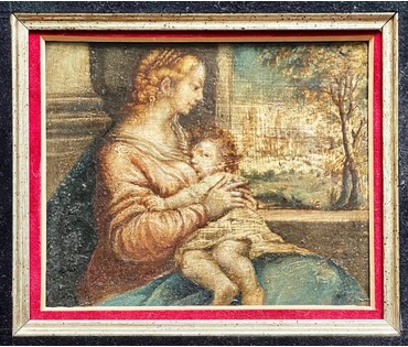 Живопись на медной пластине "Млекопитательница",17 век. Италия. С обратной стороны клише для гравюры Св. Антония. Размер 10х9 см., с рамой 28х24,5 см. № 2399 (артикул №2399) - фото №12