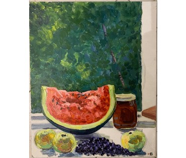 Михеева В.Н. "Арбуз и мёд",1979г. Картон, масло. Размер 50х40,5 см. № 2469 (артикул №2469) - фото №2