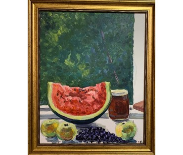 Михеева В.Н. "Арбуз и мёд",1979г. Картон, масло. Размер 50х40,5 см. № 2469 (артикул №2469) - фото №1
