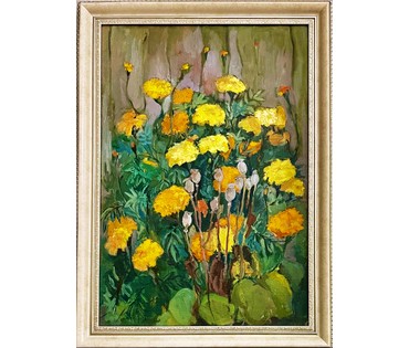 Казак Е.О "Бархатцы", 2001г. Холст, масло. размер 69х48 см. № 2474 (артикул №2474) - фото №2