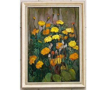 Казак Е.О "Бархатцы", 2001г. Холст, масло. размер 69х48 см. № 2474 (артикул №2474) - фото №3