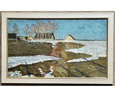 Кравцов В.П "Деревенская окраина",1967г. Картон, масло. Размер 40х68 см. № 2517 (артикул №2517) - фото №1