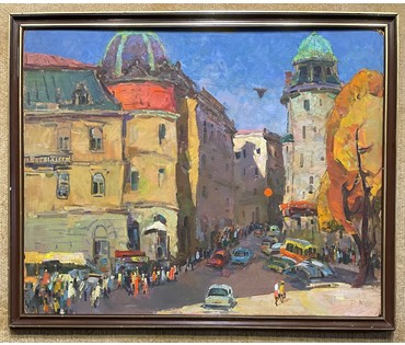 Кудревич Р.В - Народный художник. "Городской пейзаж", ДВП, масло.Размер 80х100 см. № 2539 (артикул №2539) - фото №2