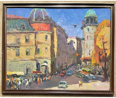 Кудревич Р.В - Народный художник. "Городской пейзаж", ДВП, масло.Размер 80х100 см. № 2539 (артикул №2539) - фото №3